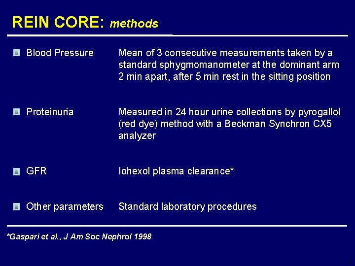 REIN CORE: methods Blood Pressure Mean of 3 consecutive measurements taken by a standard