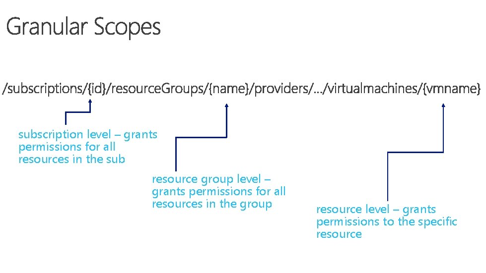 subscription level – grants permissions for all resources in the sub resource group level