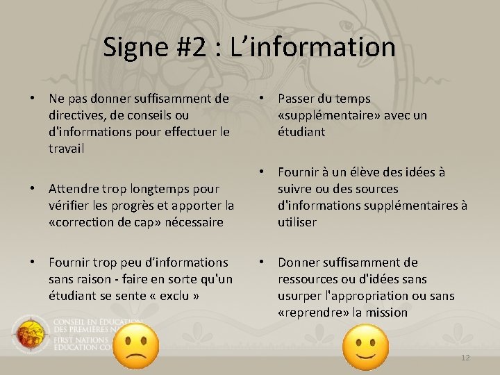 Signe #2 : L’information • Ne pas donner suffisamment de directives, de conseils ou Signe #2 : L’information • Ne pas donner suffisamment de directives, de conseils ou
