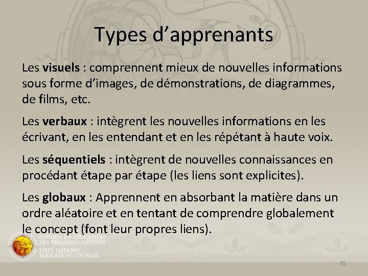 Types d’apprenants Les visuels : comprennent mieux de nouvelles informations sous forme d’images, de Types d’apprenants Les visuels : comprennent mieux de nouvelles informations sous forme d’images, de