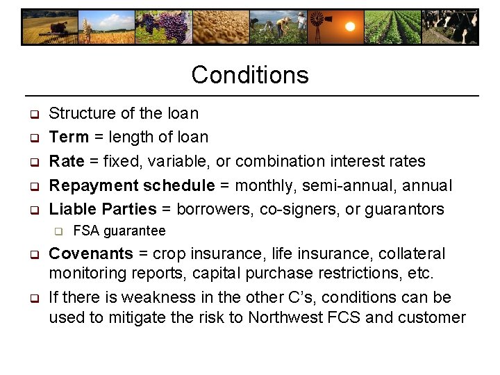 Conditions q q q Structure of the loan Term = length of loan Rate Conditions q q q Structure of the loan Term = length of loan Rate