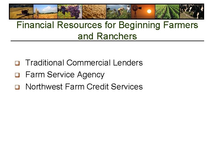 Financial Resources for Beginning Farmers and Ranchers q q q Traditional Commercial Lenders Farm Financial Resources for Beginning Farmers and Ranchers q q q Traditional Commercial Lenders Farm