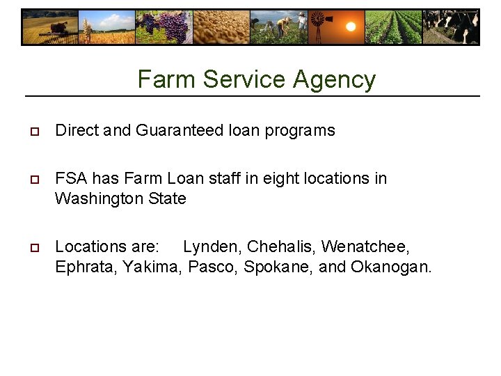 Farm Service Agency o Direct and Guaranteed loan programs o FSA has Farm Loan Farm Service Agency o Direct and Guaranteed loan programs o FSA has Farm Loan
