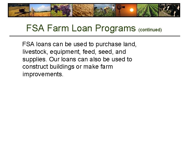 FSA Farm Loan Programs (continued) FSA loans can be used to purchase land, livestock, FSA Farm Loan Programs (continued) FSA loans can be used to purchase land, livestock,