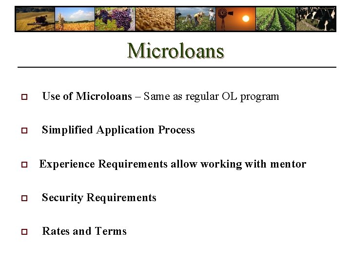 Microloans o Use of Microloans – Same as regular OL program o Simplified Application Microloans o Use of Microloans – Same as regular OL program o Simplified Application