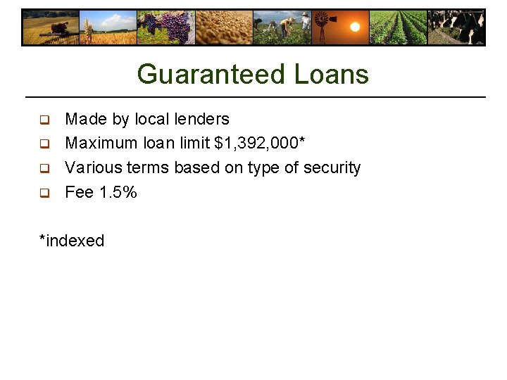 Guaranteed Loans q q Made by local lenders Maximum loan limit $1, 392, 000* Guaranteed Loans q q Made by local lenders Maximum loan limit $1, 392, 000*