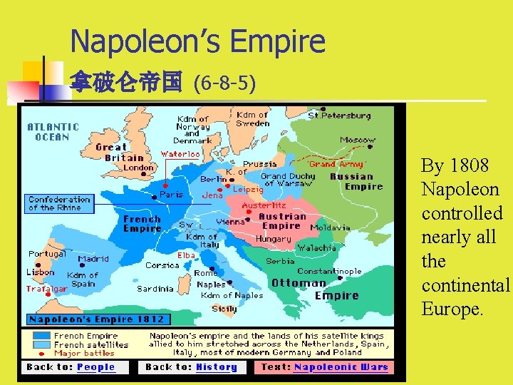 Napoleon’s Empire 拿破仑帝国 (6 -8 -5) By 1808 Napoleon controlled nearly all the continental