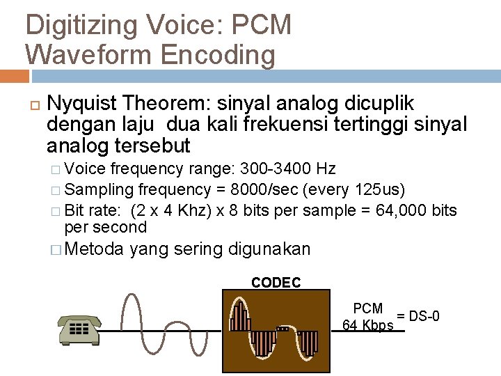 Digitizing Voice: PCM Waveform Encoding Nyquist Theorem: sinyal analog dicuplik dengan laju dua kali