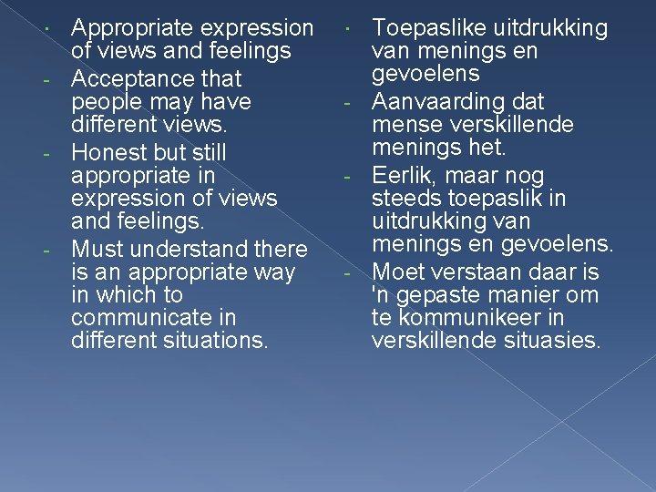 Appropriate expression of views and feelings - Acceptance that people may have different views.