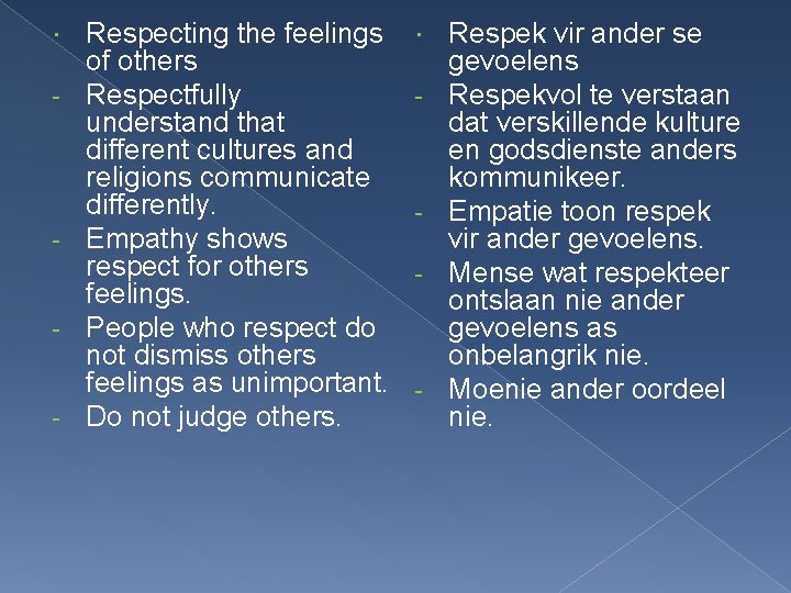  - - Respecting the feelings of others Respectfully understand that different cultures and
