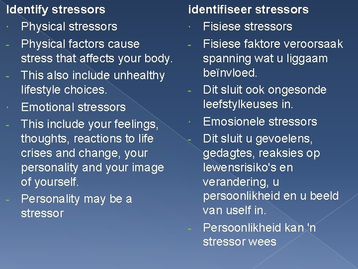 Identify stressors Physical stressors - Physical factors cause stress that affects your body. -