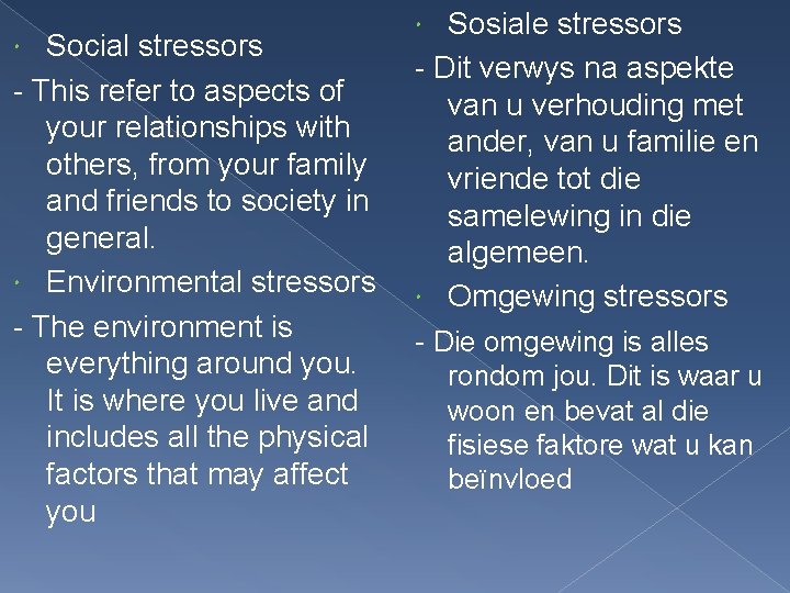 Social stressors - This refer to aspects of your relationships with others, from your