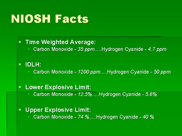 NIOSH Facts § Time Weighted Average: § Carbon Monoxide - 35 ppm. . .