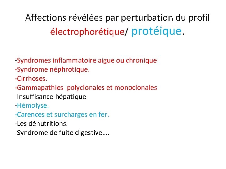 Affections révélées par perturbation du profil électrophorétique/ protéique. -Syndromes inflammatoire aigue ou chronique -Syndrome