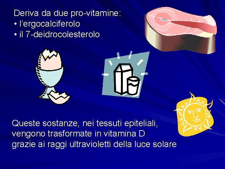 Deriva da due pro-vitamine: • l’ergocalciferolo • il 7 -deidrocolesterolo Queste sostanze, nei tessuti