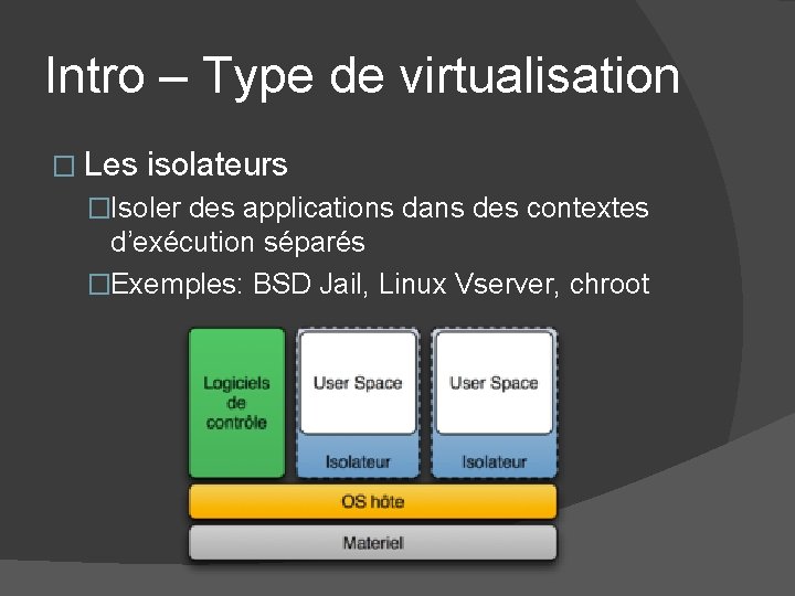 Intro – Type de virtualisation � Les isolateurs �Isoler des applications dans des contextes Intro – Type de virtualisation � Les isolateurs �Isoler des applications dans des contextes