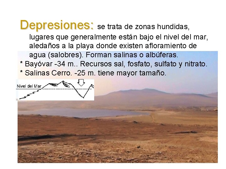 Depresiones: se trata de zonas hundidas, lugares que generalmente están bajo el nivel del Depresiones: se trata de zonas hundidas, lugares que generalmente están bajo el nivel del
