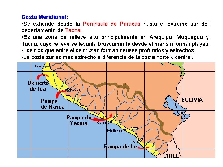 Costa Meridional: • Se extiende desde la Península de Paracas hasta el extremo sur Costa Meridional: • Se extiende desde la Península de Paracas hasta el extremo sur