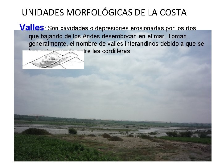 UNIDADES MORFOLÓGICAS DE LA COSTA Valles: Son cavidades o depresiones erosionadas por los ríos UNIDADES MORFOLÓGICAS DE LA COSTA Valles: Son cavidades o depresiones erosionadas por los ríos
