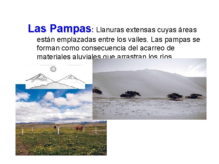 Las Pampas: Llanuras extensas cuyas áreas están emplazadas entre los valles. Las pampas se Las Pampas: Llanuras extensas cuyas áreas están emplazadas entre los valles. Las pampas se