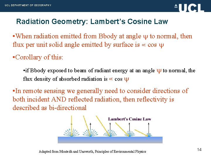 UCL DEPARTMENT OF GEOGRAPHY Radiation Geometry: Lambert’s Cosine Law • When radiation emitted from