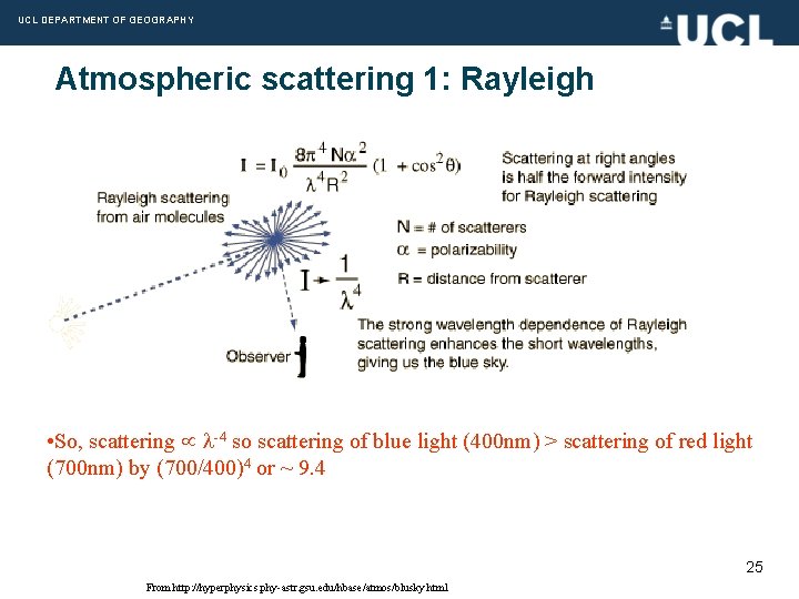 UCL DEPARTMENT OF GEOGRAPHY Atmospheric scattering 1: Rayleigh • So, scattering -4 so scattering
