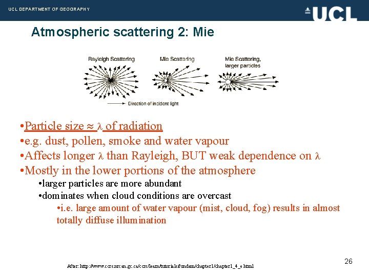 UCL DEPARTMENT OF GEOGRAPHY Atmospheric scattering 2: Mie • Particle size of radiation •