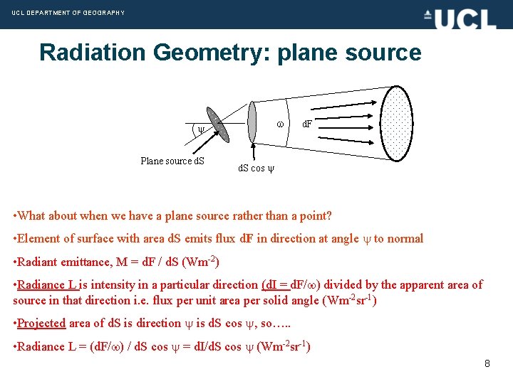 UCL DEPARTMENT OF GEOGRAPHY Radiation Geometry: plane source Plane source d. S d. F