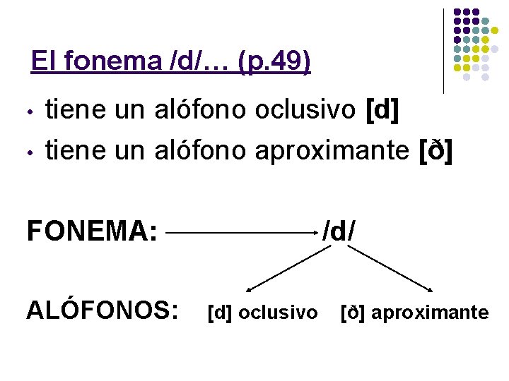 El fonema /d/… (p. 49) • • tiene un alófono oclusivo [d] tiene un