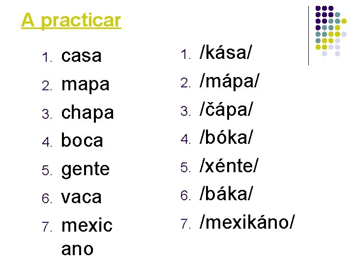 A practicar 1. 2. 3. 4. 5. 6. 7. casa mapa chapa boca gente