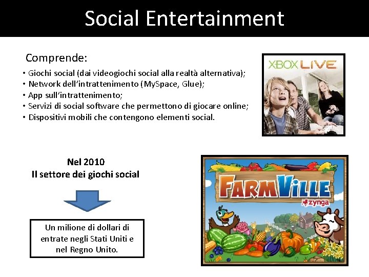 Social Entertainment Comprende: • Giochi social (dai videogiochi social alla realtà alternativa); • Network Social Entertainment Comprende: • Giochi social (dai videogiochi social alla realtà alternativa); • Network
