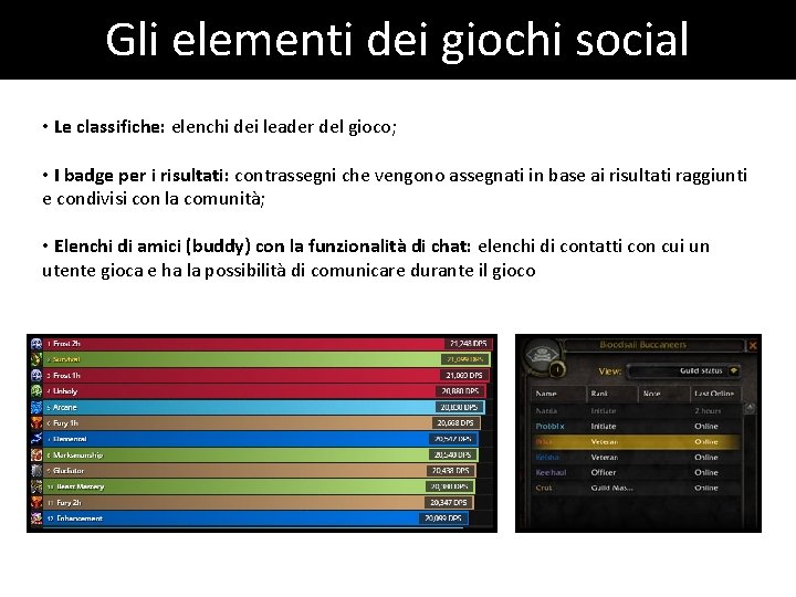 Gli elementi dei giochi social • Le classifiche: elenchi dei leader del gioco; • Gli elementi dei giochi social • Le classifiche: elenchi dei leader del gioco; •
