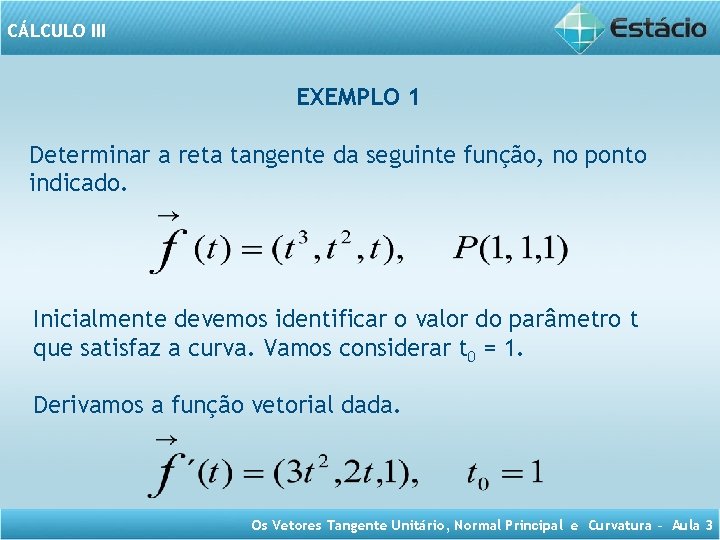 CÁLCULO III EXEMPLO 1 Determinar a reta tangente da seguinte função, no ponto indicado.