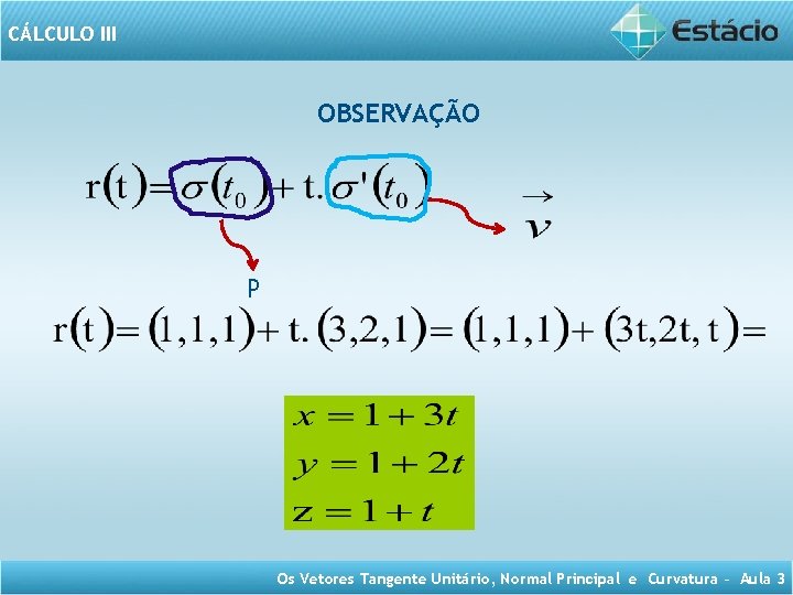 CÁLCULO III OBSERVAÇÃO P Os Vetores Tangente Unitário, Normal Principal e Curvatura – Aula