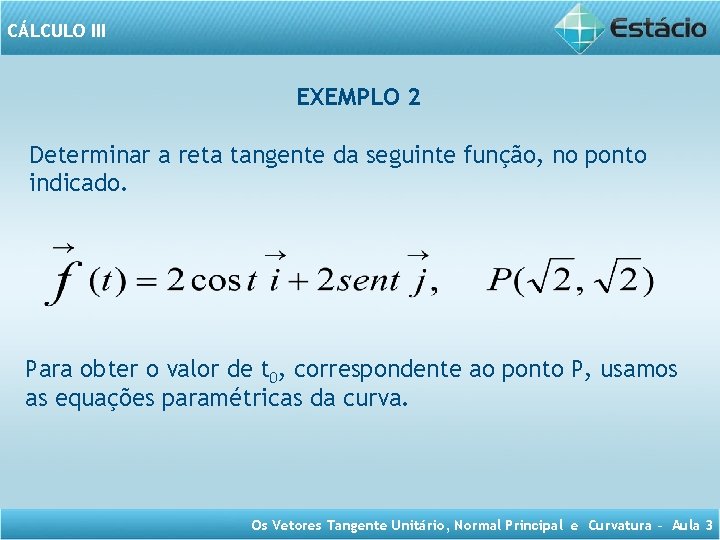 CÁLCULO III EXEMPLO 2 Determinar a reta tangente da seguinte função, no ponto indicado.