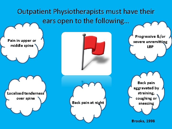 Outpatient Physiotherapists must have their ears open to the following… Progressive &/or severe unremitting
