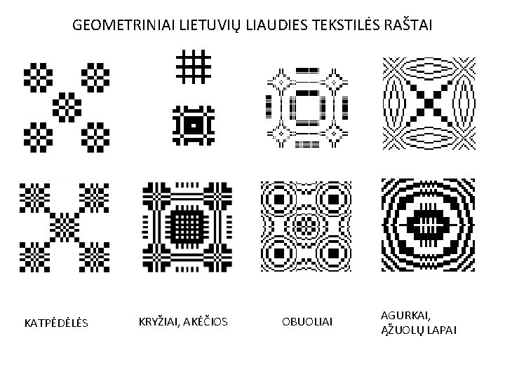 GEOMETRINIAI LIETUVIŲ LIAUDIES TEKSTILĖS RAŠTAI KATPĖDĖLĖS KRYŽIAI, AKĖČIOS OBUOLIAI AGURKAI, ĄŽUOLŲ LAPAI 