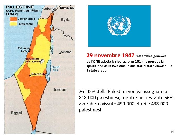 Risoluzione 181 29 novembre 1947 L’assemblea generale dell’ONU adotta la risoluzione 181 che prevede