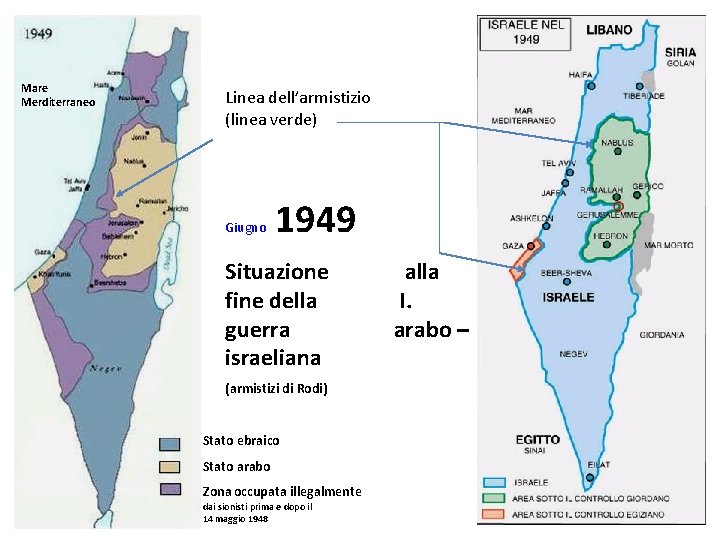 Linea dell’armistizio (linea verde) Giugno Palestina Mare Merditerraneo 1949 Situazione alla fine della I.