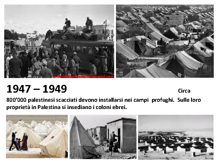 1947 – 1949 Circa 800’ 000 palestinesi scacciati devono installarsi nei campi profughi. Sulle