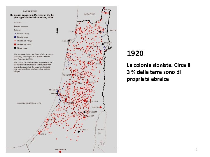 1920 Le colonie sioniste. Circa il 3 % delle terre sono di proprietà ebraica 1920 Le colonie sioniste. Circa il 3 % delle terre sono di proprietà ebraica