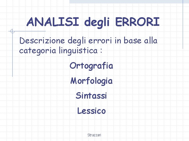 ANALISI degli ERRORI Descrizione degli errori in base alla categoria linguistica : Ortografia Morfologia