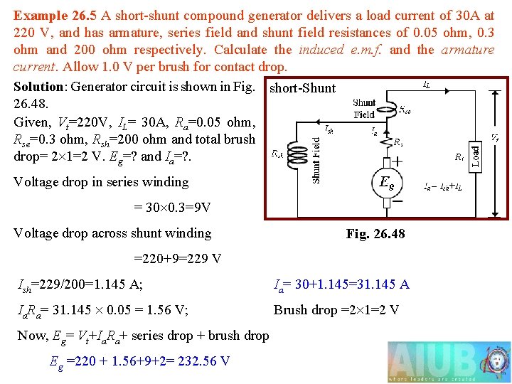 Example 26. 5 A short-shunt compound generator delivers a load current of 30 A