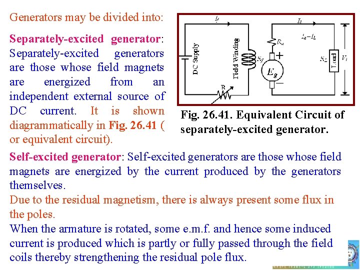 Generators may be divided into: Separately-excited generators are those whose field magnets are energized