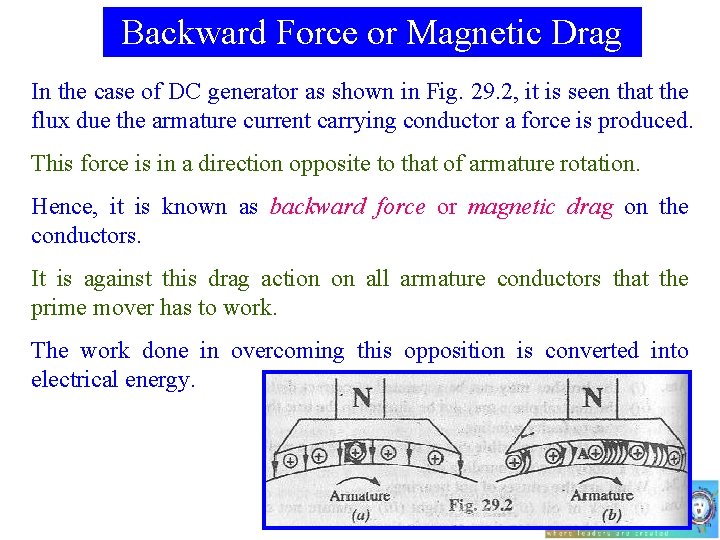 Backward Force or Magnetic Drag In the case of DC generator as shown in