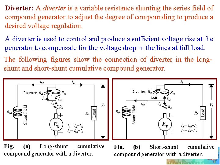 Diverter: A diverter is a variable resistance shunting the series field of compound generator