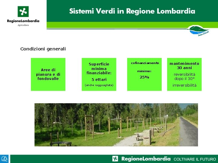 Condizioni generali Aree di pianura e di fondovalle Superficie minima finanziabile: 5 ettari (anche