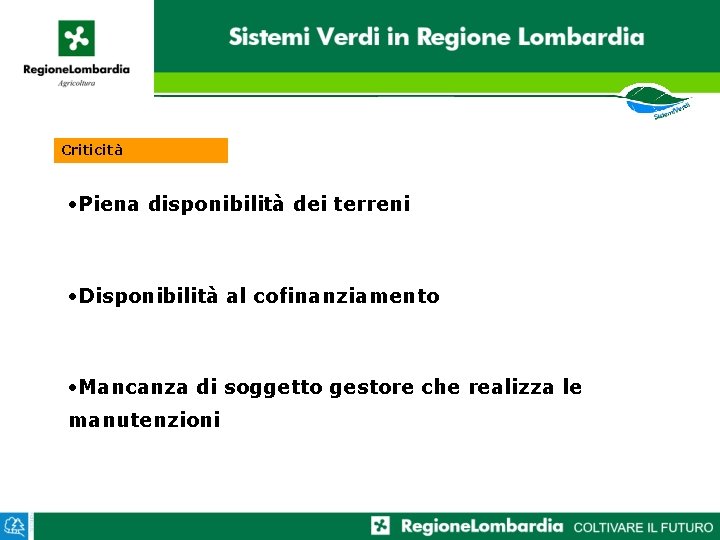 Criticità • Piena disponibilità dei terreni • Disponibilità al cofinanziamento • Mancanza di soggetto