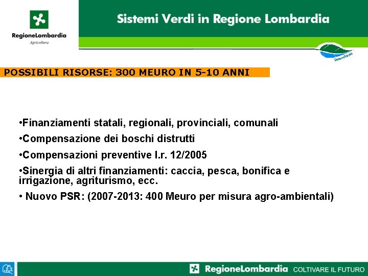 POSSIBILI RISORSE: 300 MEURO IN 5 -10 ANNI • Finanziamenti statali, regionali, provinciali, comunali