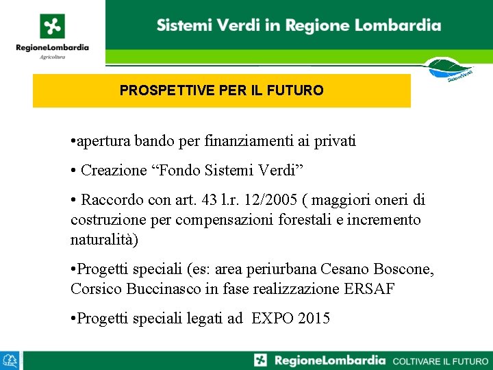 PROSPETTIVE PER IL FUTURO • apertura bando per finanziamenti ai privati • Creazione “Fondo